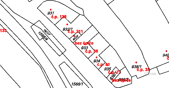Zbýšov 36 na parcele st. 933 v KÚ Zbýšov u Oslavan, Katastrální mapa