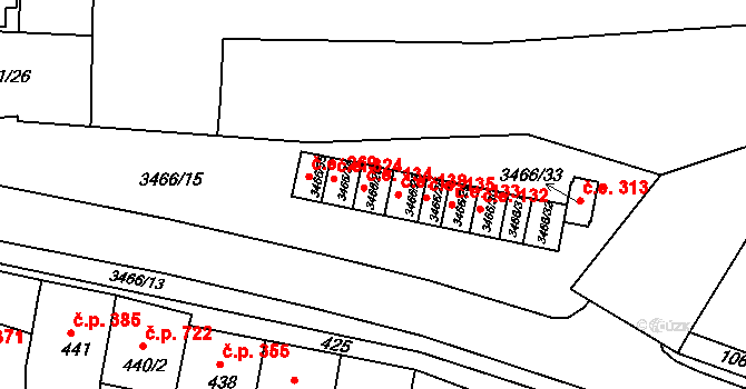Střelice 134 na parcele st. 3466/26 v KÚ Střelice u Brna, Katastrální mapa