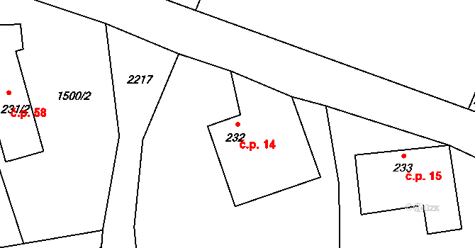 Koruna 14 na parcele st. 232 v KÚ Koruna, Katastrální mapa