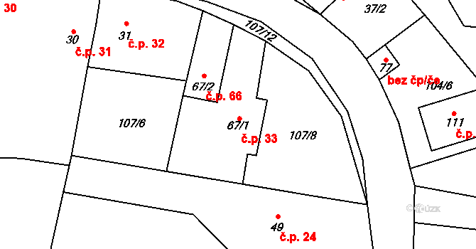 Kolomuty 33 na parcele st. 67/1 v KÚ Kolomuty, Katastrální mapa