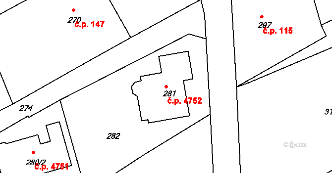 Rýnovice 4752, Jablonec nad Nisou na parcele st. 281 v KÚ Rýnovice, Katastrální mapa