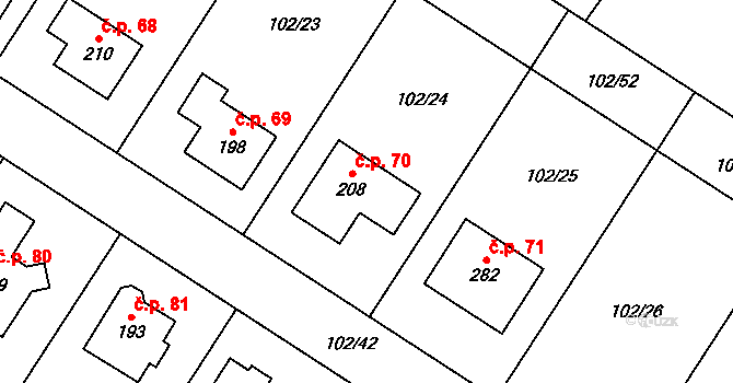 Zelená 70, Málkov na parcele st. 208 v KÚ Zelená, Katastrální mapa