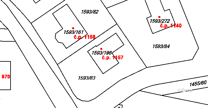 Kosmonosy 1157 na parcele st. 1593/196 v KÚ Kosmonosy, Katastrální mapa