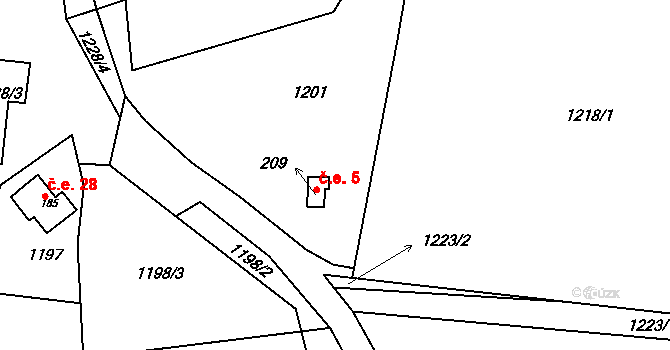 Humenec 5, Teplýšovice na parcele st. 209 v KÚ Teplýšovice, Katastrální mapa