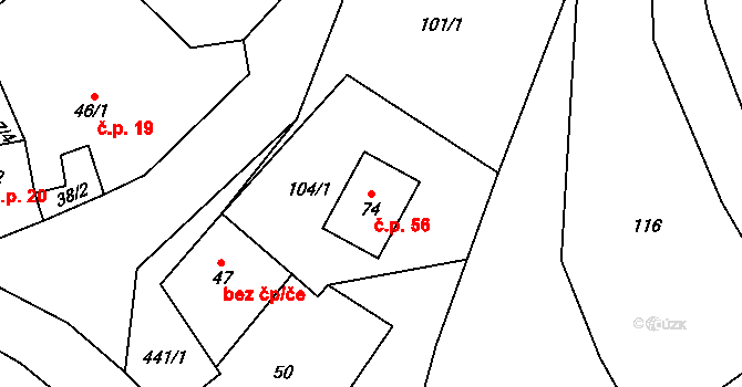 Křešov 56, Snědovice na parcele st. 74 v KÚ Křešov, Katastrální mapa