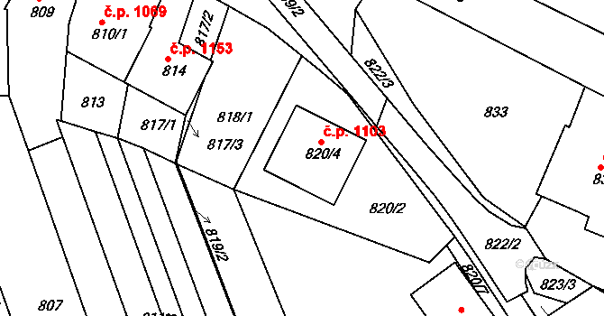 Mutěnice 1103 na parcele st. 820/4 v KÚ Mutěnice, Katastrální mapa