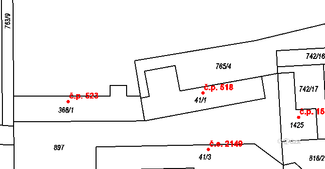 Skuheř 518, Kamenice na parcele st. 41/1 v KÚ Těptín, Katastrální mapa