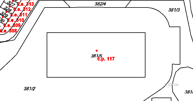 Hruškové Dvory 117, Jihlava na parcele st. 381/5 v KÚ Hruškové Dvory, Katastrální mapa