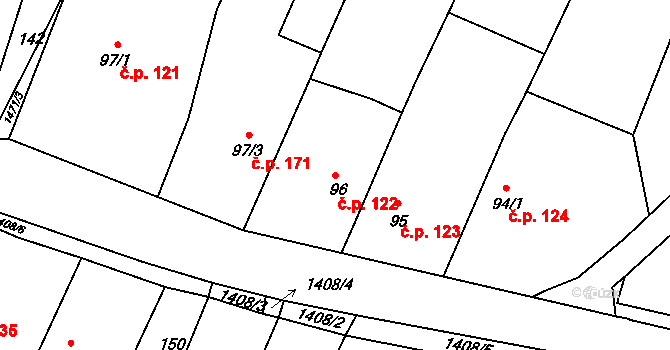 Mokré Lazce 122 na parcele st. 96 v KÚ Mokré Lazce, Katastrální mapa