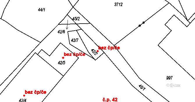 Jirkov 43136729 na parcele st. 42/2 v KÚ Březenec, Katastrální mapa