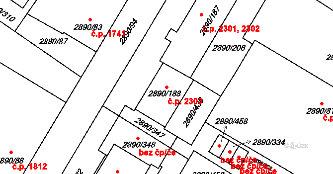 Předměstí 2303, Opava na parcele st. 2890/188 v KÚ Opava-Předměstí, Katastrální mapa