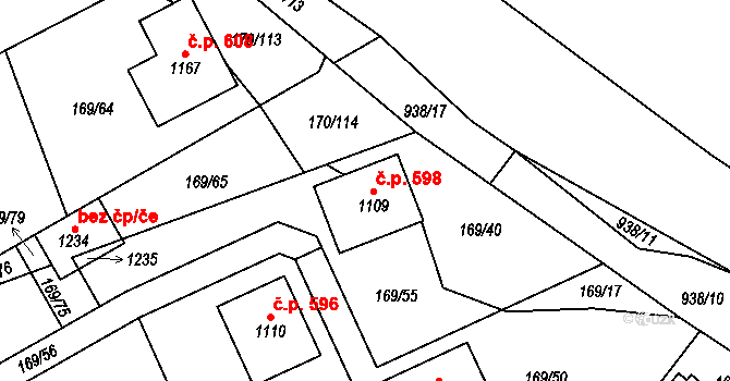 Košťany 598 na parcele st. 1109 v KÚ Košťany, Katastrální mapa