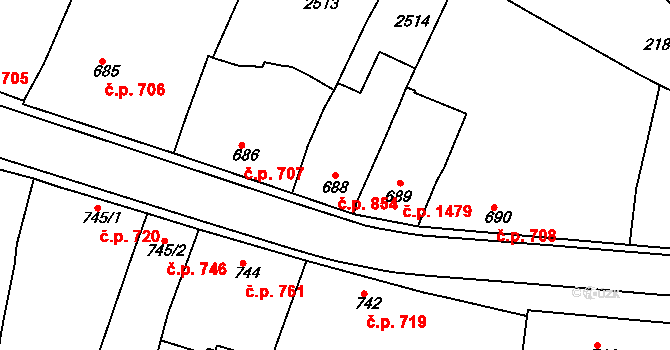 Rosice 854 na parcele st. 688 v KÚ Rosice u Brna, Katastrální mapa