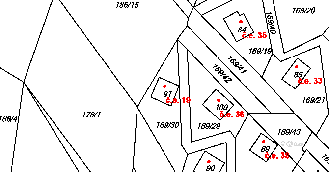 Pivonín 19, Zábřeh na parcele st. 91 v KÚ Pivonín, Katastrální mapa