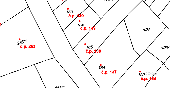 Merklín 138 na parcele st. 165 v KÚ Merklín u Přeštic, Katastrální mapa