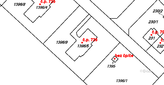 Trmice 726 na parcele st. 1396/5 v KÚ Trmice, Katastrální mapa