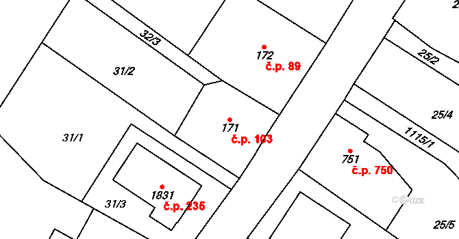 Červený Kostelec 103 na parcele st. 171 v KÚ Červený Kostelec, Katastrální mapa