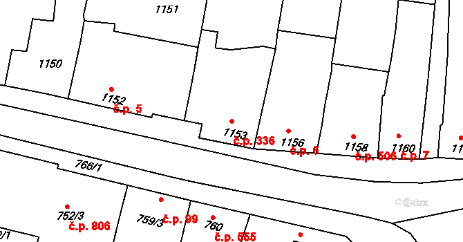 Klobouky u Brna 336 na parcele st. 1153 v KÚ Klobouky u Brna, Katastrální mapa