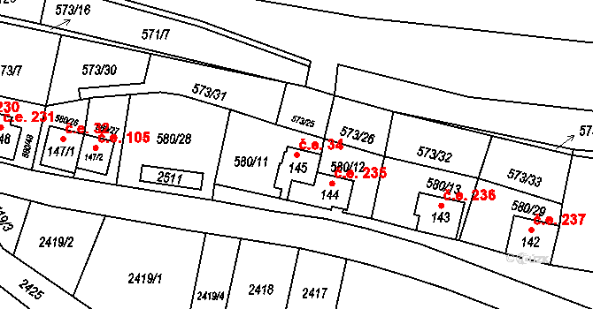Čunín 34, Konice na parcele st. 145 v KÚ Čunín, Katastrální mapa