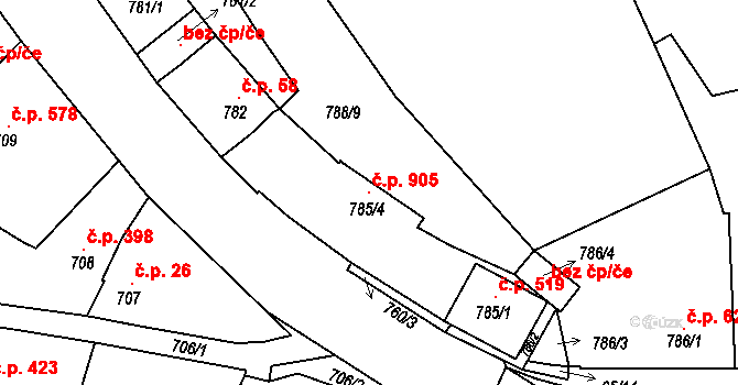 Buchlovice 905 na parcele st. 785/4 v KÚ Buchlovice, Katastrální mapa