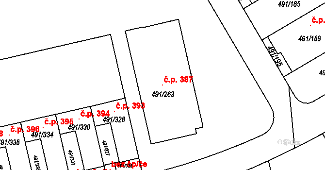 Lysolaje 387, Praha na parcele st. 491/263 v KÚ Lysolaje, Katastrální mapa