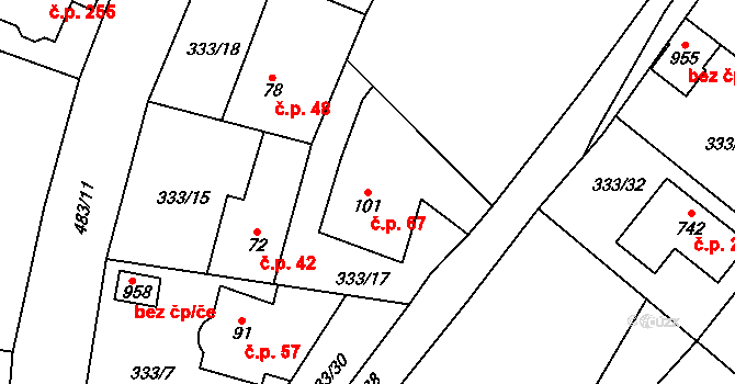 Řež 67, Husinec na parcele st. 101 v KÚ Husinec u Řeže, Katastrální mapa