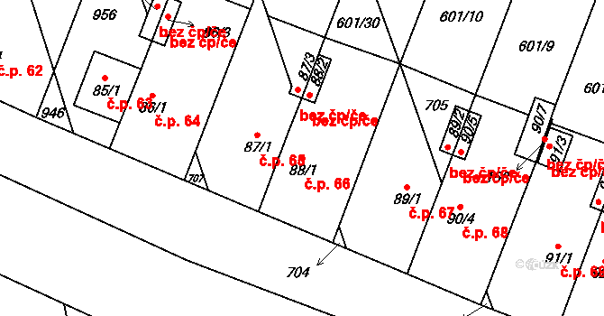 Rybníček 66 na parcele st. 88/1 v KÚ Rybníček, Katastrální mapa