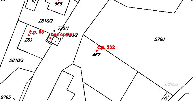 Písek 232 na parcele st. 467 v KÚ Písek u Jablunkova, Katastrální mapa