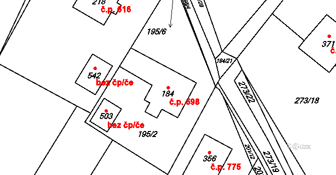 Chvalčov 598 na parcele st. 184 v KÚ Chvalčova Lhota, Katastrální mapa