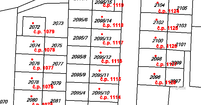 Hulín 1116 na parcele st. 2095/12 v KÚ Hulín, Katastrální mapa