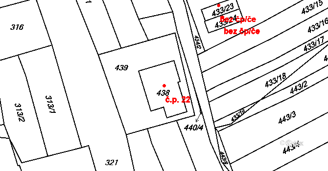 Krčmaň 22 na parcele st. 438 v KÚ Krčmaň, Katastrální mapa