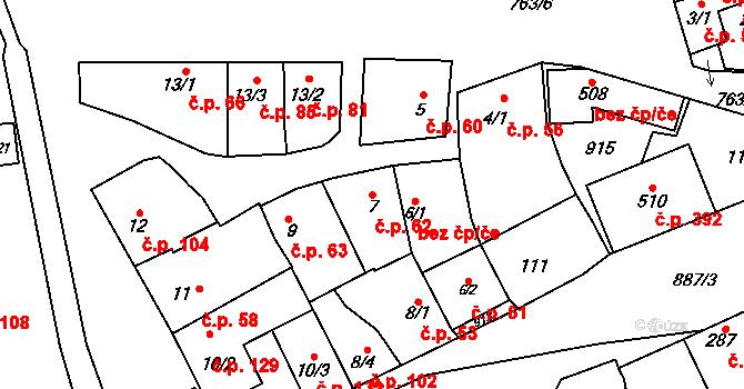 Slatinice 62 na parcele st. 7 v KÚ Slatinice na Hané, Katastrální mapa