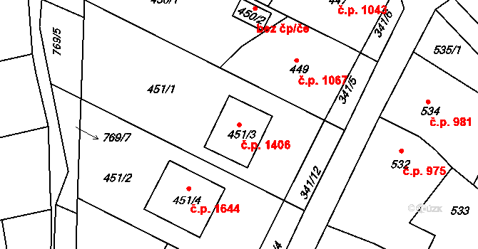 Hořovice 1406 na parcele st. 451/3 v KÚ Velká Víska, Katastrální mapa