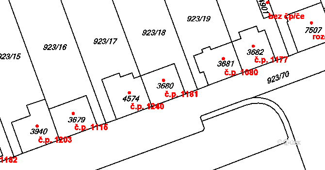 Horka-Domky 1181, Třebíč na parcele st. 3680 v KÚ Třebíč, Katastrální mapa