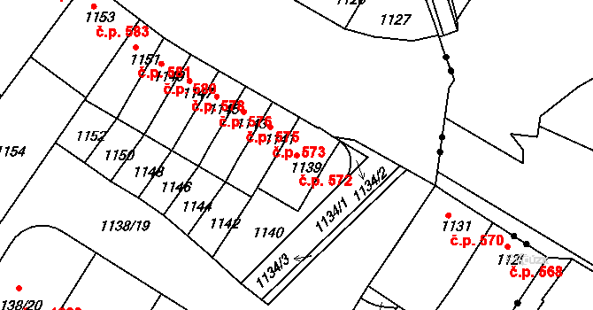 Komín 572, Brno na parcele st. 1139 v KÚ Komín, Katastrální mapa
