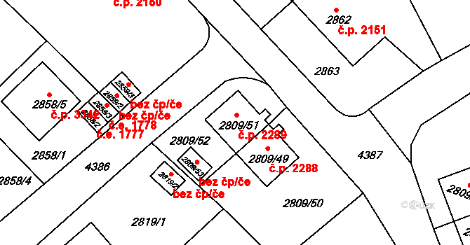 Teplice 2289 na parcele st. 2809/51 v KÚ Teplice, Katastrální mapa