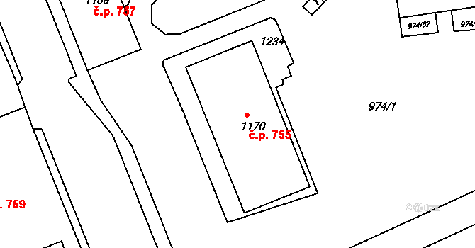 Rybáře 755, Karlovy Vary na parcele st. 1170 v KÚ Rybáře, Katastrální mapa