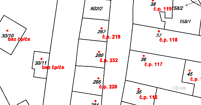 Zásmuky 232 na parcele st. 286 v KÚ Zásmuky, Katastrální mapa