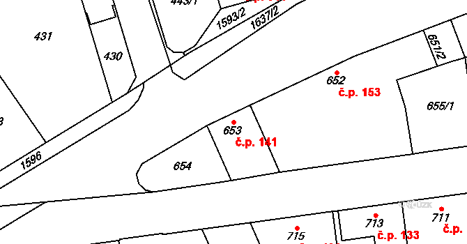Řeporyje 141, Praha na parcele st. 653 v KÚ Řeporyje, Katastrální mapa