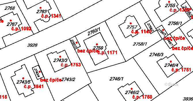 Modřany 1171, Praha na parcele st. 2759 v KÚ Modřany, Katastrální mapa
