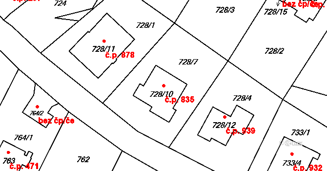 Ruzyně 835, Praha na parcele st. 728/10 v KÚ Ruzyně, Katastrální mapa