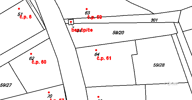 Loukonosy 61, Žiželice na parcele st. 64 v KÚ Loukonosy, Katastrální mapa