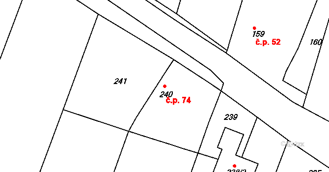 Hvozdec 74 na parcele st. 240 v KÚ Hvozdec u Veverské Bítýšky, Katastrální mapa