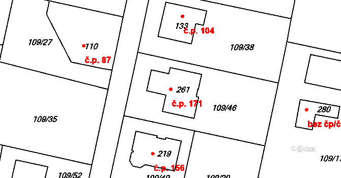 Červené Záhoří 171, Chotoviny na parcele st. 261 v KÚ Červené Záhoří, Katastrální mapa