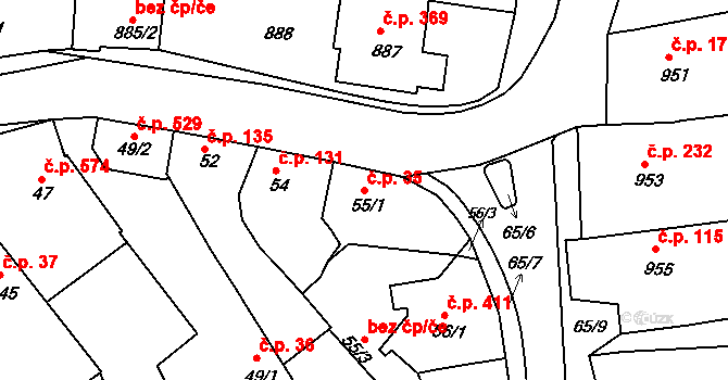 Jarošov 35, Uherské Hradiště na parcele st. 55/1 v KÚ Jarošov u Uherského Hradiště, Katastrální mapa