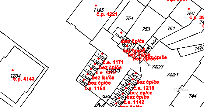 Chomutov 1171 na parcele st. 1193/4 v KÚ Chomutov II, Katastrální mapa
