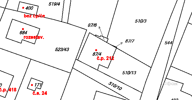 Horoušánky 212, Horoušany na parcele st. 87/4 v KÚ Horoušany, Katastrální mapa
