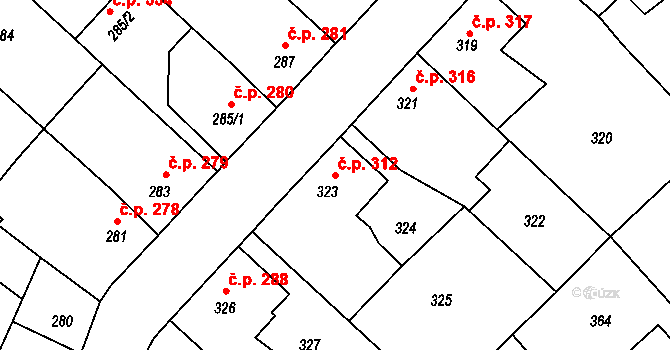 Měřín 312 na parcele st. 323 v KÚ Měřín, Katastrální mapa