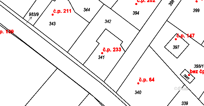 Hvozdná 233 na parcele st. 341 v KÚ Hvozdná, Katastrální mapa