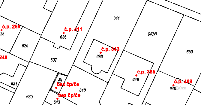 Želechovice nad Dřevnicí 343 na parcele st. 638 v KÚ Želechovice nad Dřevnicí, Katastrální mapa